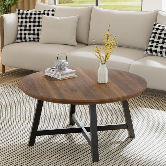 Modern 36-Inch Round Coffee Table – Industrial Center Table with Wood Grain Top & Metal Frame
