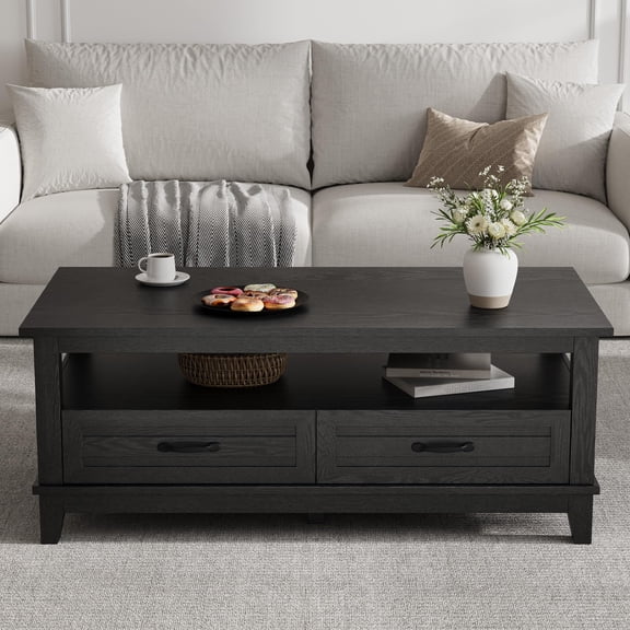 Modern 36-Inch Round Coffee Table – Industrial Center Table with Wood Grain Top & Metal Frame
