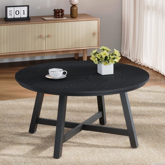 Modern 36 Inch Round Coffee Table, Round Coffee Table, Small Coffee Table with Sturdy Metal Legs for Living Room, Rustic Wood Circular Tables Easy to Assemble