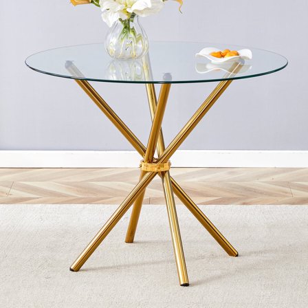 Modern 36" Round Clear Tempered Glass Dining table with Ring-shaped gathered Gold Metal Legs for Kitchens, dining rooms