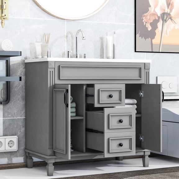 Modern 36-inch Bathroom Vanity with Solid Wood Frame and Adjustable Shelf for Bathroom Storage