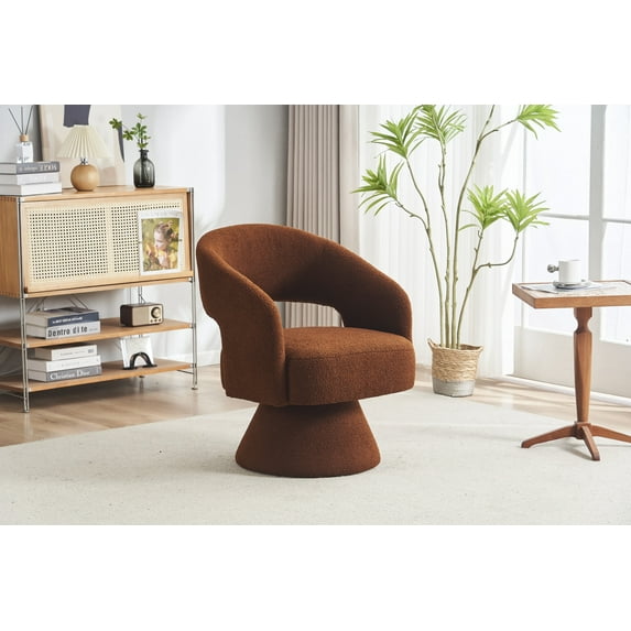 Modern 360 Degree Swivel Accent Armchair, Comfy Faux Fur Barrel Chair with Arched Back, Round Upholstered Accent Chair for Living Room Bedroom Nursery, Dark Brown
