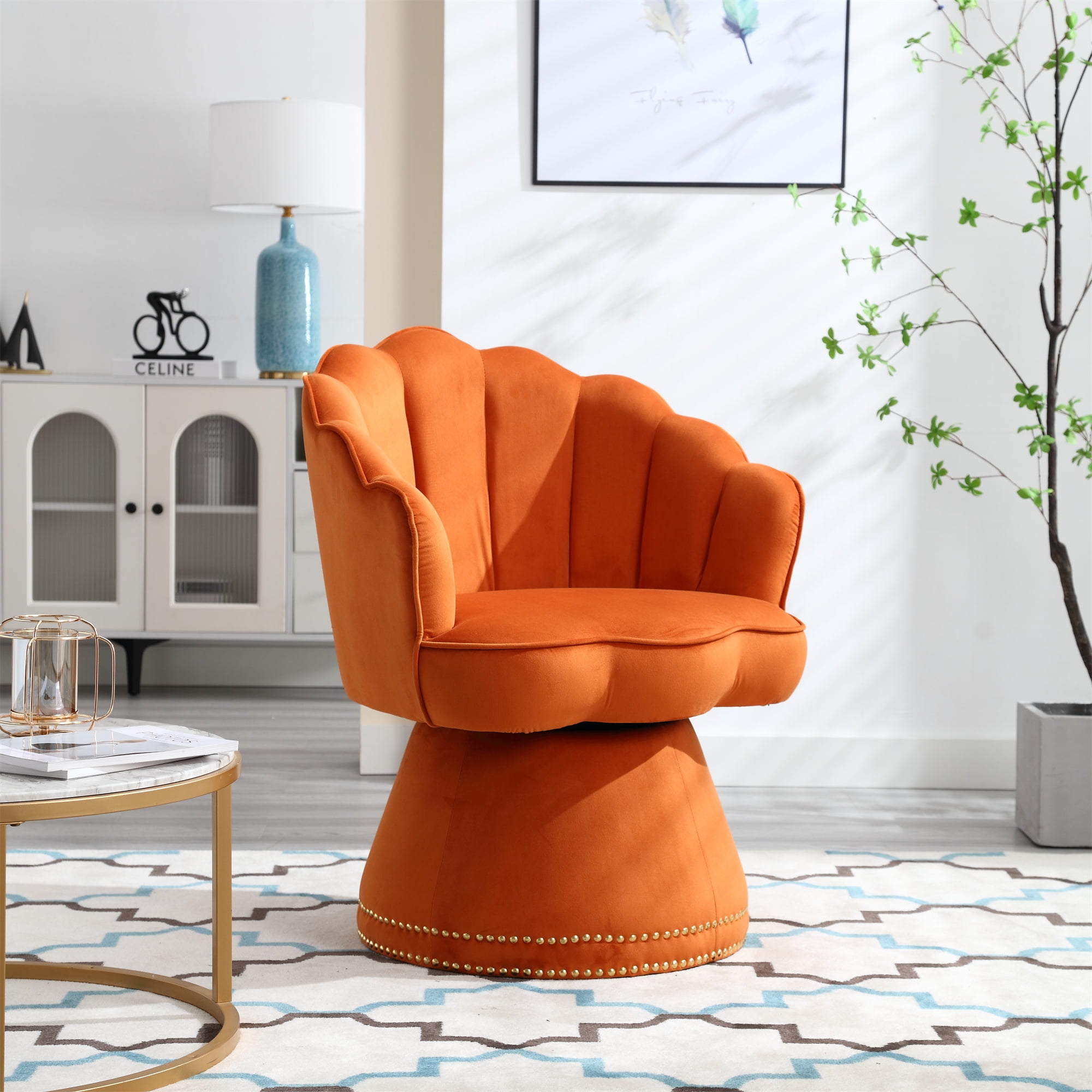 Modern 360 Degree Swivel Velvet Barrel Accent Chair Comfy Side Corner Shell Sofa Chair for Small Spaces Tufted Upholstered Armless Chair for Living