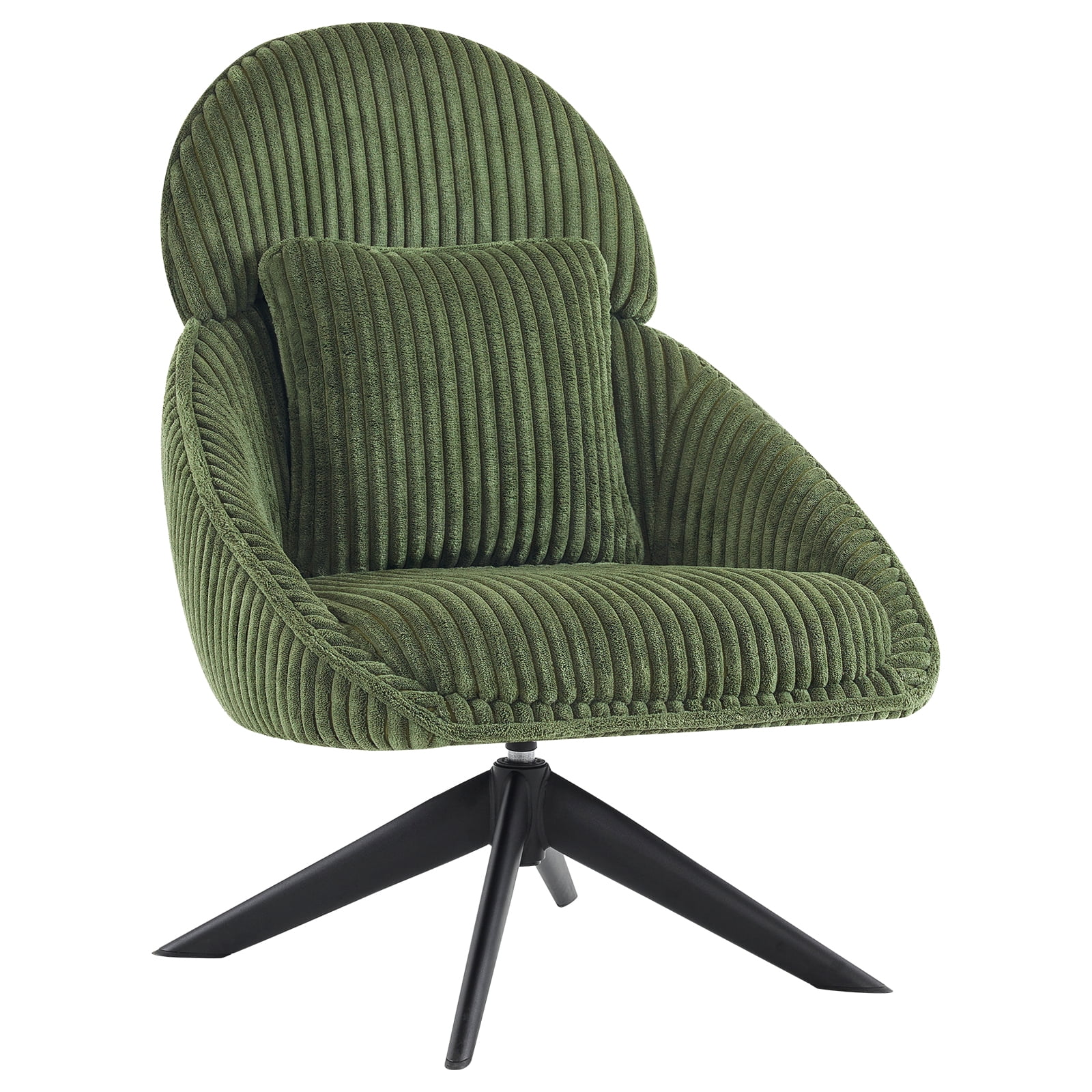 Green Corduroy Swivel Accent Chair with Pillow and Wood Base