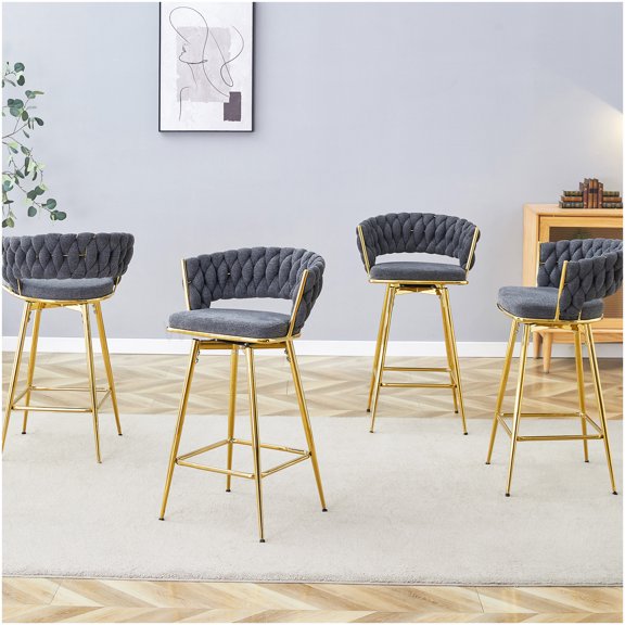 Modern 360 Swivel Bar Stool with Soft Cotton Linen Cushion, Golden Metal Frame, Anti-Slip Footrest - Dark Gray