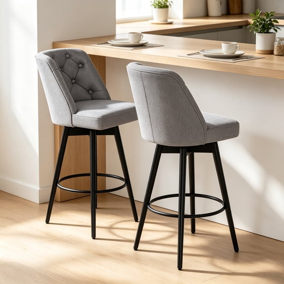 Modern 360° Swivel Bar Stools Set of 2 – Upholstered Performance Fabric, Counter Height Chairs with Back – Comfortable Support for Kitchen Island, Dining Room, or Bar, Deep Gray