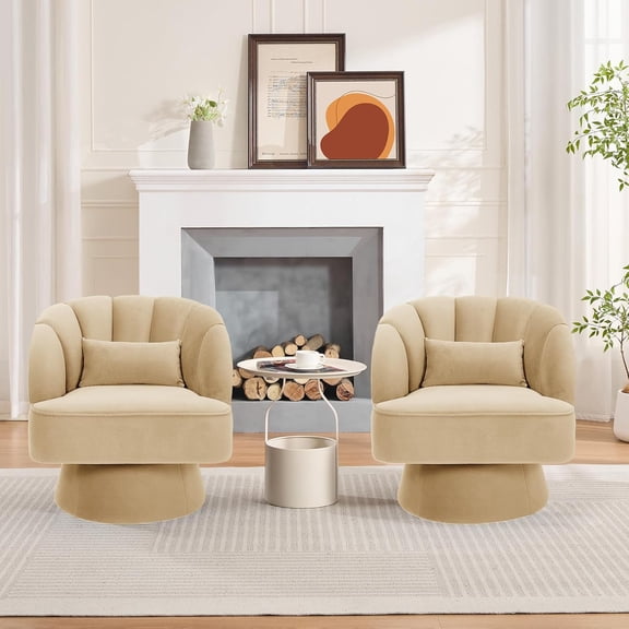 Modern 360° Swivel Barrel Chair 2-Pack, Velvet Upholstered Round Lounge Armchair with Striped Backrest, Comfy Accent Chair for Living Room, Khaki