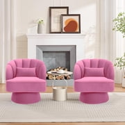 Modern 360  Swivel Barrel Chair 2-Pack, Velvet Upholstered Round Lounge Armchair with Striped Backrest, Comfy Accent Chair for Living Room, Pink
