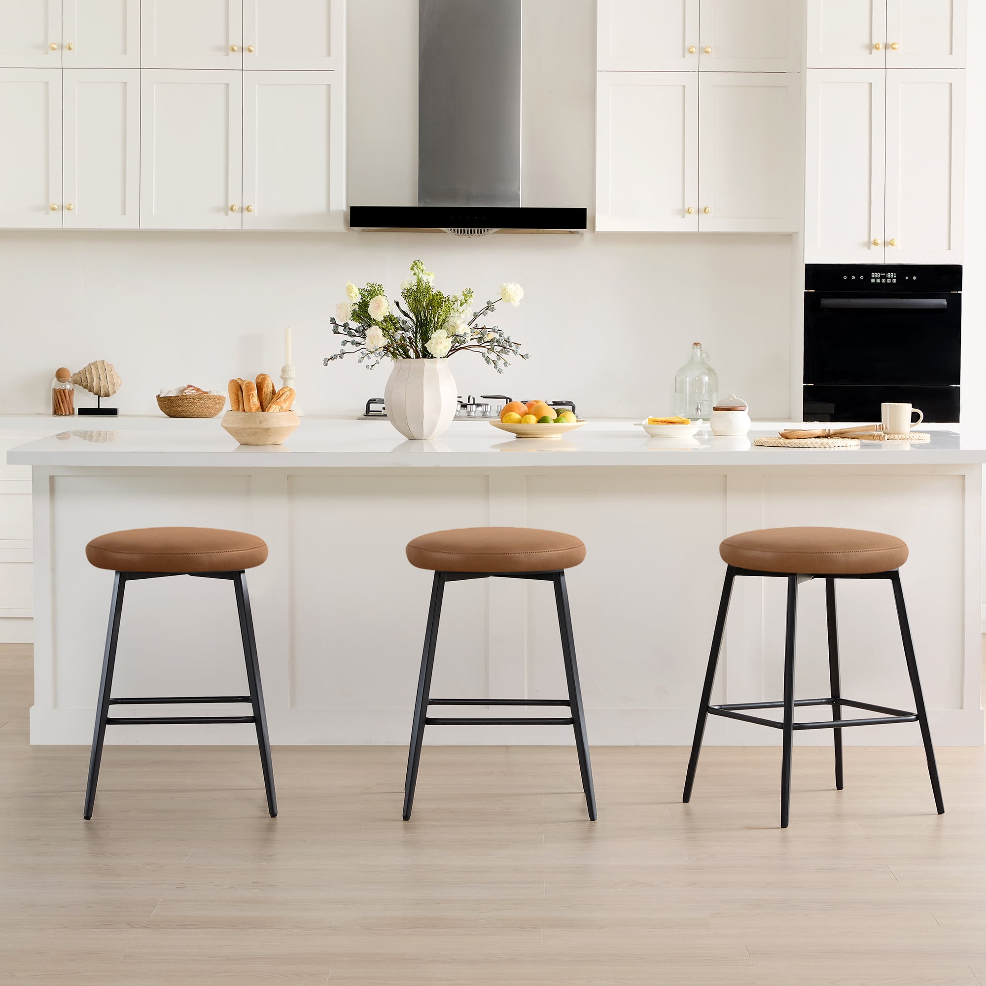 Spruce & Spring Modern 360° Swivel Counter Stool with Oversized Round Seat and Reinforced Metal Frame Set of 3, Brown