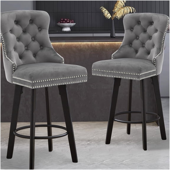 Modern 360 Swivel Velvet Bar Stools with Button Tufted Back & Nailhead Trim, Set of 2 Dark Gray Counter Height Stools for Kitchen Island, Home Bar