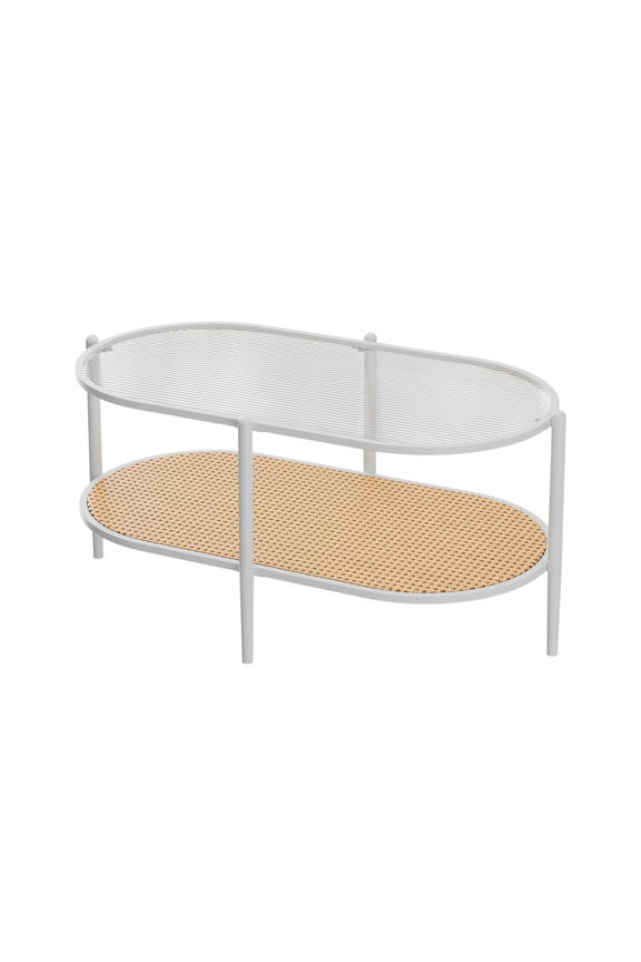 Modern 37" Oval Coffee Table with Glass Top – 2-Tier Metal Frame & Rattan Storage Shelf – Space-Saving Center Table for Living Room, Bedroom, Office & Small Spaces