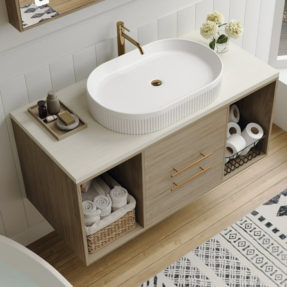 Modern 38.2" Wall-Mounted Bathroom Vanity with Floating Solid Wood Cabinet, Soft-Close Drawers & Open Shelves  Space-Saving Design for Small Bathrooms  Easy-Clean Under Vanity Storage