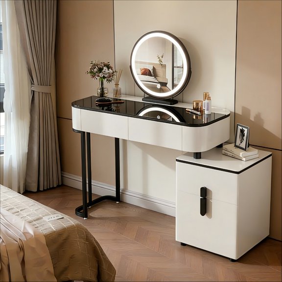 Modern 39.4" Vanity Table with Tempered Glass Top and Round Mirror | Adjustable Height Legs, Storage Cabinet, White and Black Makeup Desk for Small Spaces