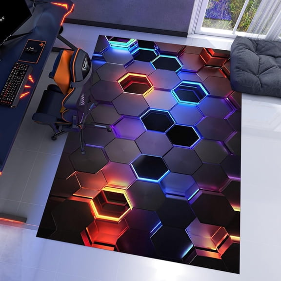 Modern 3D Neon Gaming Washable Rug ,Colorful Geometric Game Area Rug Non Slip Low Pile Rugs for Living Room, Bedroom, Dining Room, Playroom-5' x 6'