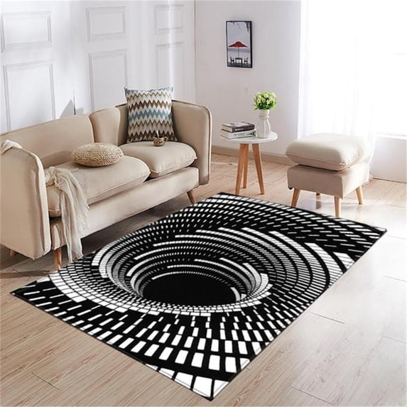 Modern 3D Optical Vortex Illusion Area Rug, Black White Checkered Trippy Rug, Non-slip Bedroom Playroom Floor Mat, Creative Carpet for Living Room Bedroom Playroom