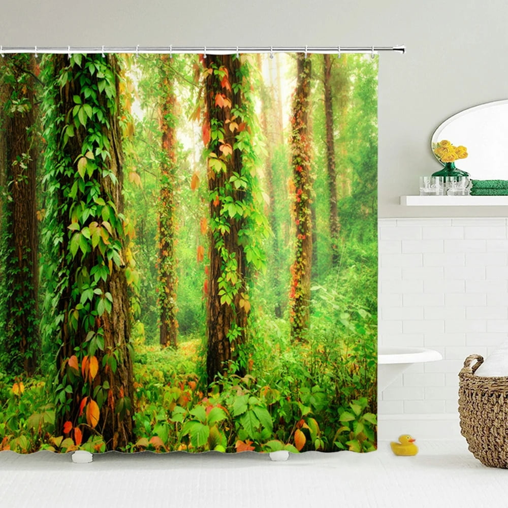 Modern 3D Printing Forest Shower Curtain Green Plant Tree Landscape