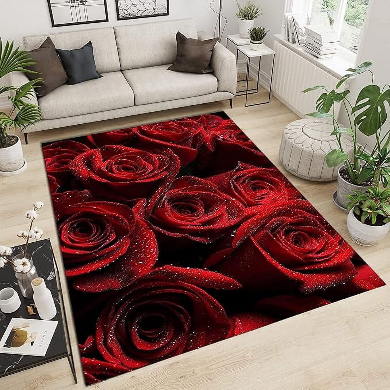 Modern 3D Red Rose Area Rugs, Romantic Flower Pattern Noise-Cancelling ...