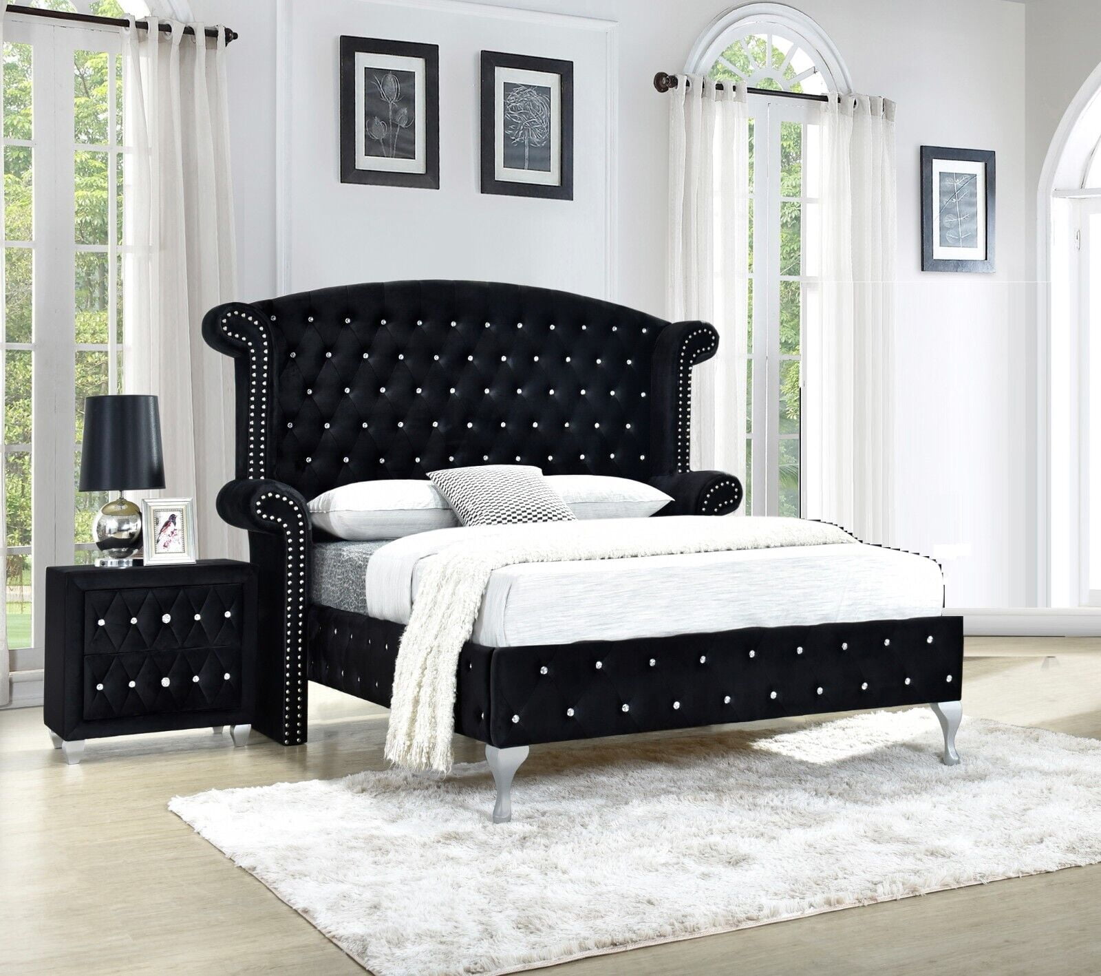 Modern 3Pc King Size Bed Nightstand Set Master Bedroom Furniture Black Velvet Upholstery