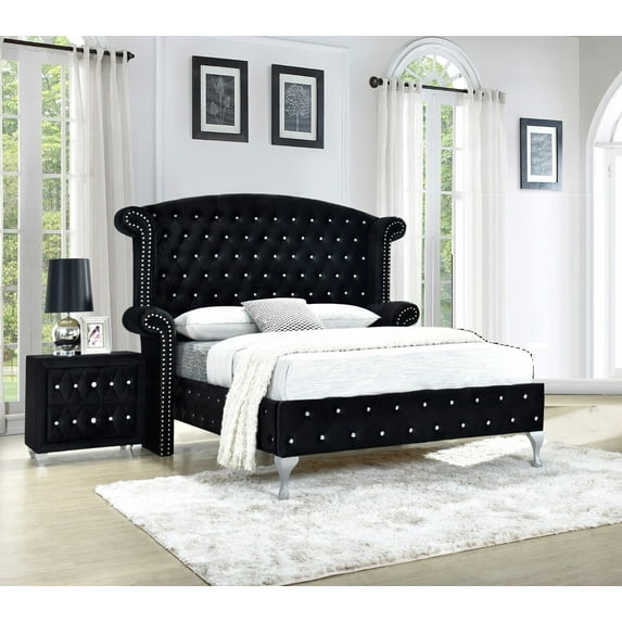 Modern 3Pc King Size Bed Nightstand Set Master Bedroom Furniture Black Velvet Upholstery