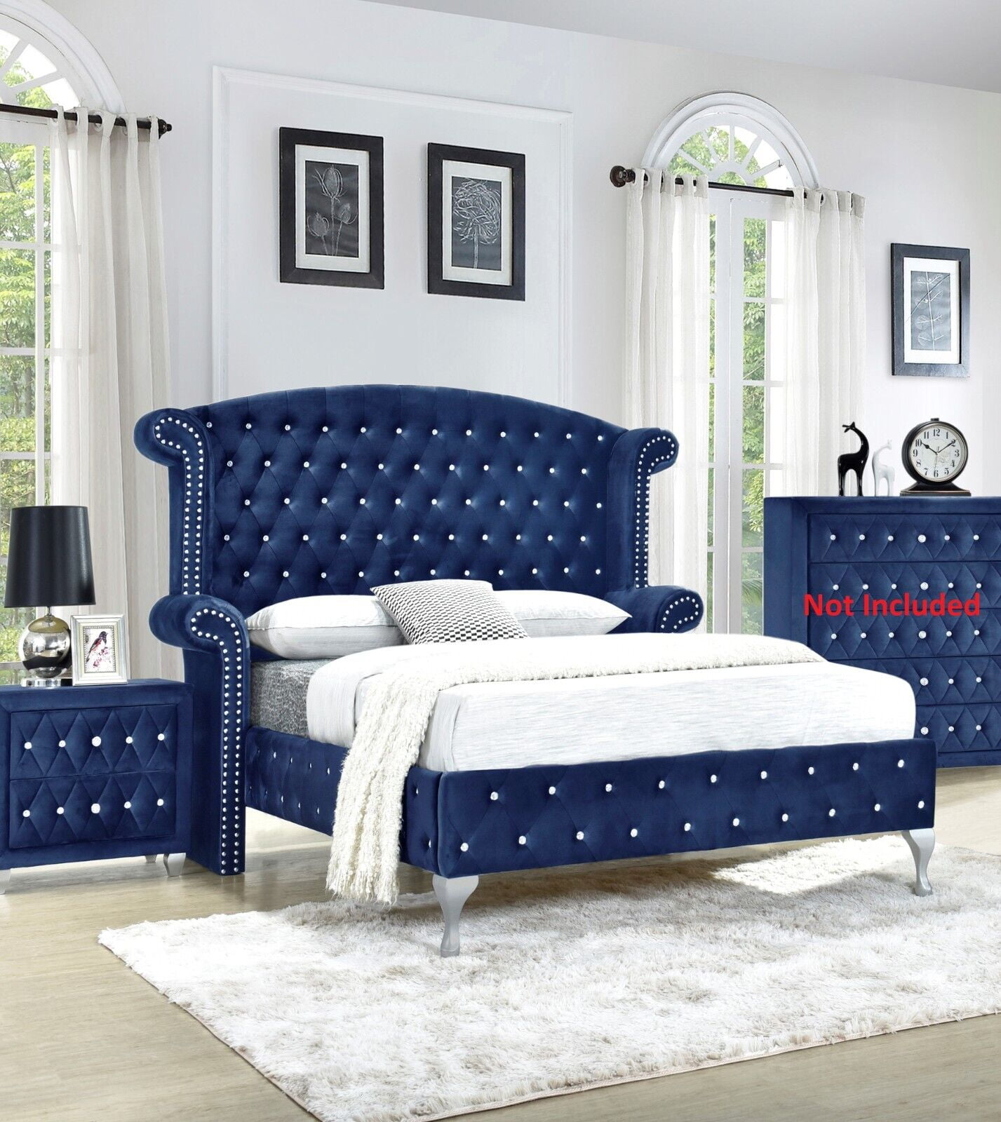 Modern 3Pc Queen Size Bed and Nightstands Set Master Bedroom Furniture Blue Velvet Upholstery