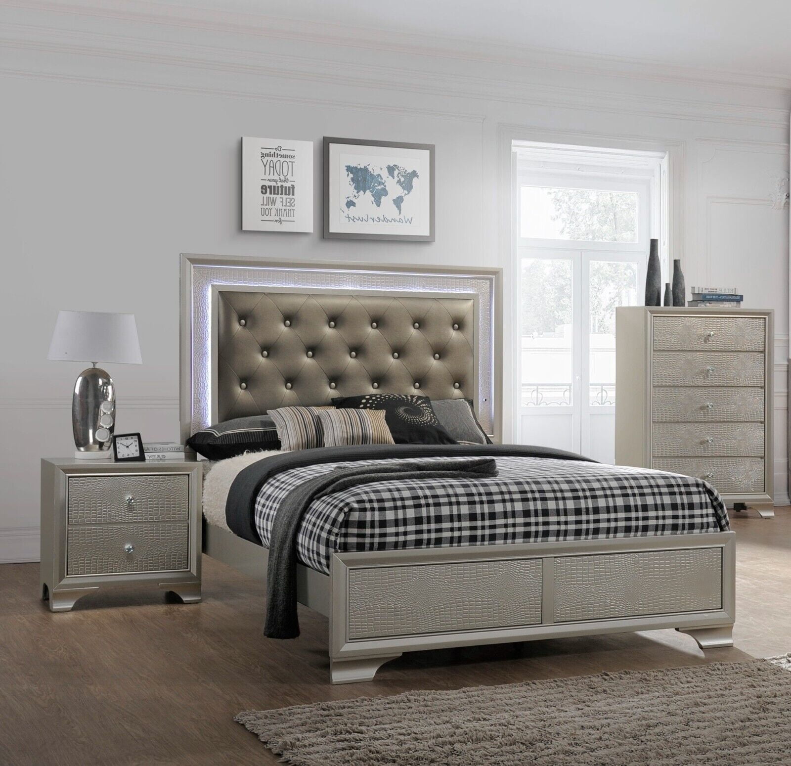 Modern 3pc California King Size Upholstered LED Backlit HB Panel Bed Chest Nightstand Set Bedroom Furniture