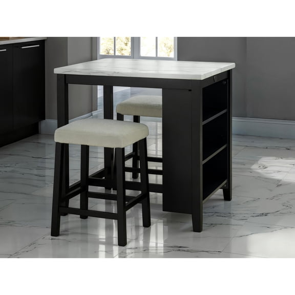 Modern 3pc Dining With Rectangular Wood Table, Storage Shelves & 2 Stools In Black, White, Including Gloss Table Top, Side