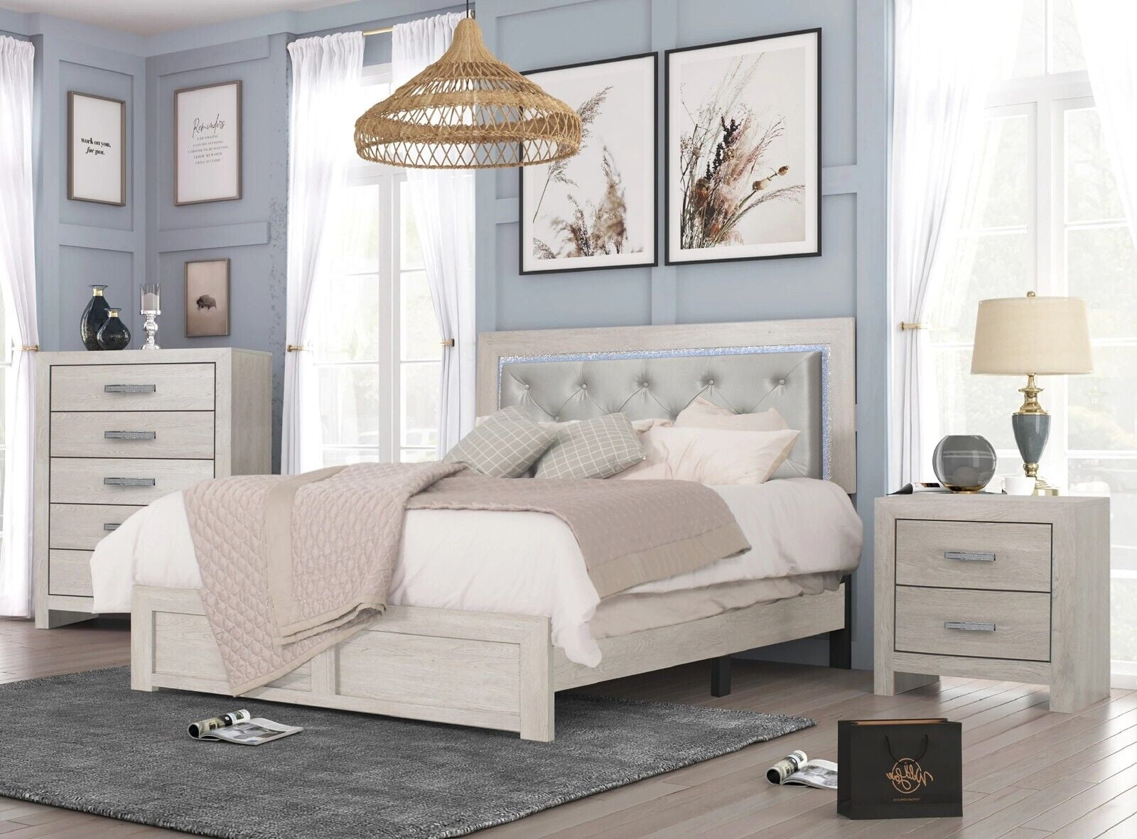 Modern 3pc King Size PU Upholstered LED Headboard Bed Chest Nightstand Set  Cream Bedroom Furniture - Walmart.com, image size:1600x1181