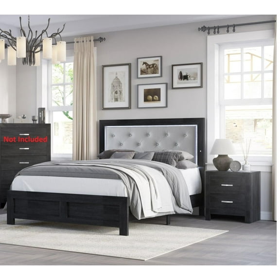 Modern 3pc Queen Size PU Upholstered LED Headboard Bed and Storage Nightstands Set Wooden Bedroom Furniture Black Finish