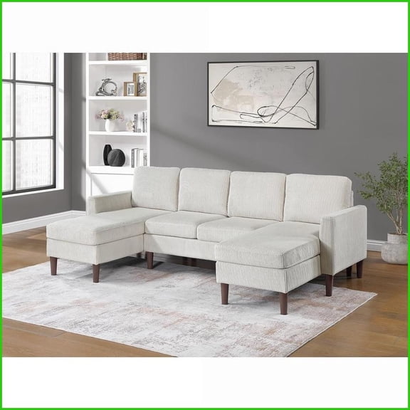 Modern 3pc Sectional Sofa Set with Dual Chaises - Soft Corduroy Upholstery for Living Room | Beige | Corduroy | Square Arms