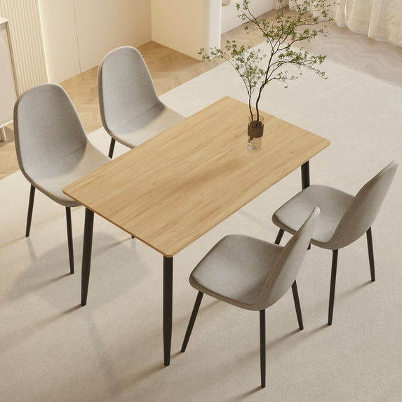 Modern 4-6 Person Dining Table Set - Wood Grain Top & Black Metal Legs, Kitchen Table & Chairs for Dining Room. Easy Assembly, Beige & Wood Tones.