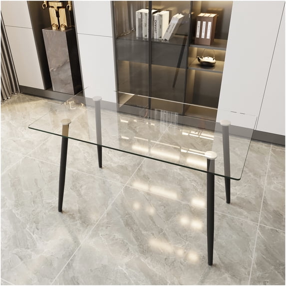 Modern 4-6 Seater Tempered Glass Dining Table with Black Metal Legs, Minimalist Rectangular Kitchen Table for Living Room Dining Area