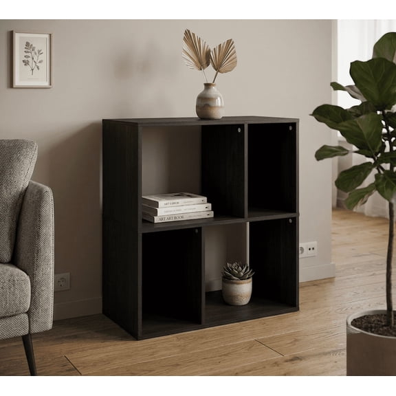 Modern 4-Cube Storage Bookcase, Asymmetrical Geometric Display Shelf, Versatile Organizer for Home Office, Black