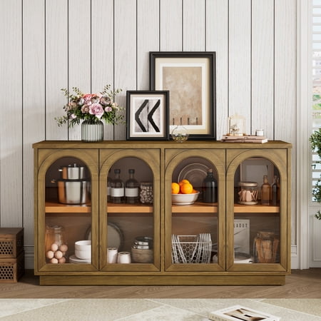 Modern 4-Door Buffet Cabinet with Arched Glass Doors, Adjustable Shelves Storage Sideboard for Kitchen Dining Room Living Room, Old Pine