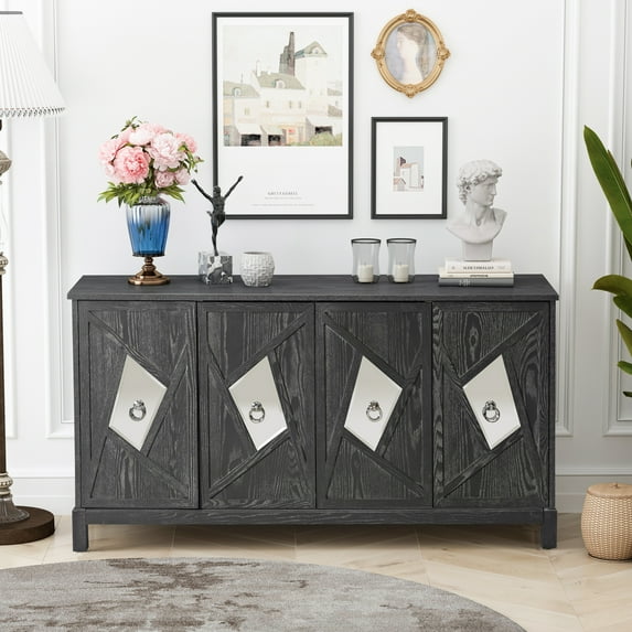 Modern 4-Door Sideboard Buffet Cabinet, Kitchen Storage Cabinet, Freestanding Storage Cupboard Console Table with Mirrored Decorative Doors for Bedroom, Living Room, Office, Grey