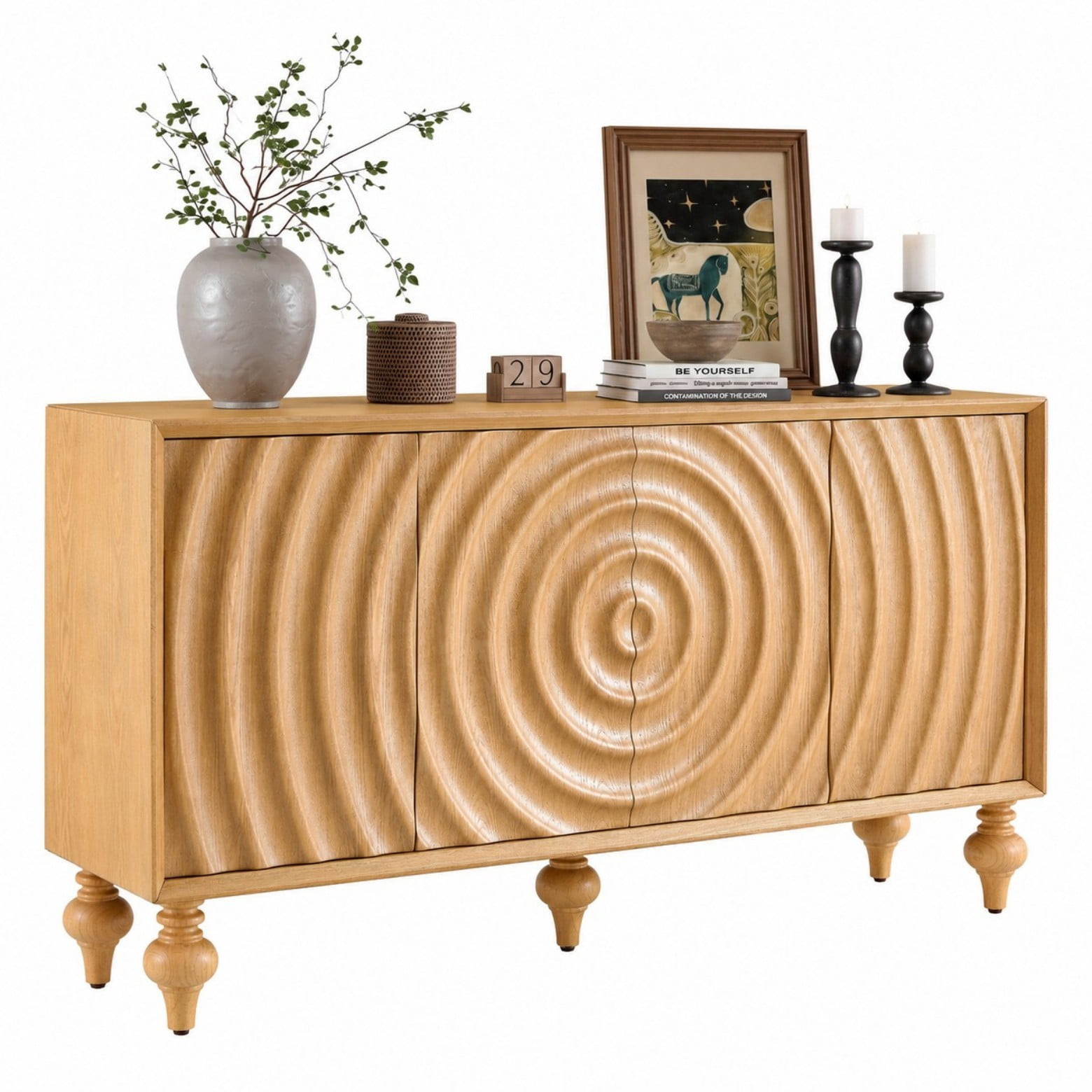 Modern 4-Door Storage Sideboard Cabinet with 3D Carved Wood Veneer, Push-to-Open Soft Close Buffet Cabinet with Adjustable Shelves for Living Room Dining Room, Natural