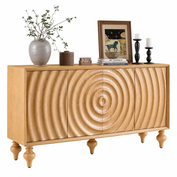 Modern 4-Door Storage Sideboard Cabinet with 3D Carved Wood Veneer, Push-to-Open Soft Close Buffet Cabinet with Adjustable Shelves for Living Room Dining Room, Natural