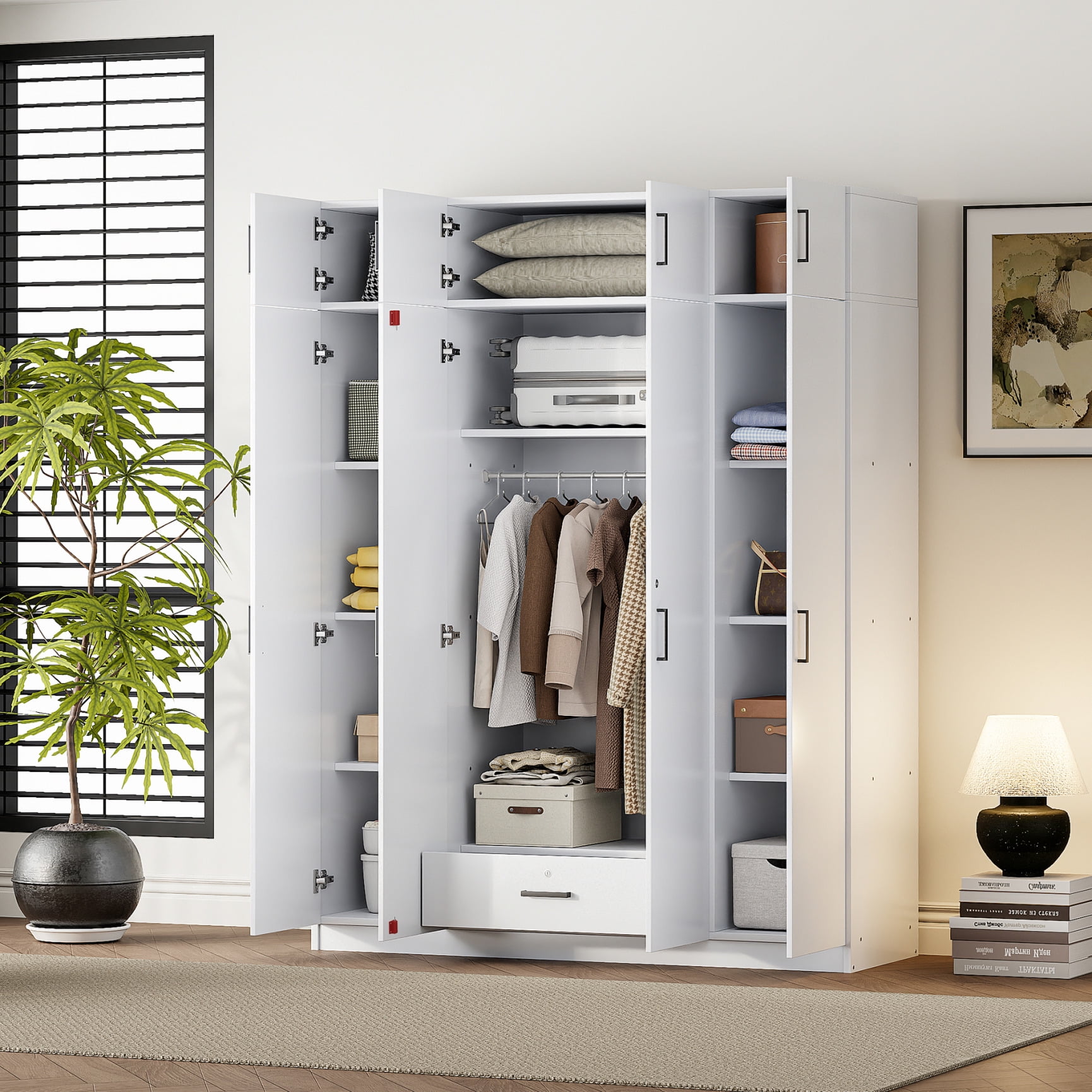 Modern 4 Door Wardrobe with Drawers Shelves Hanging Rail