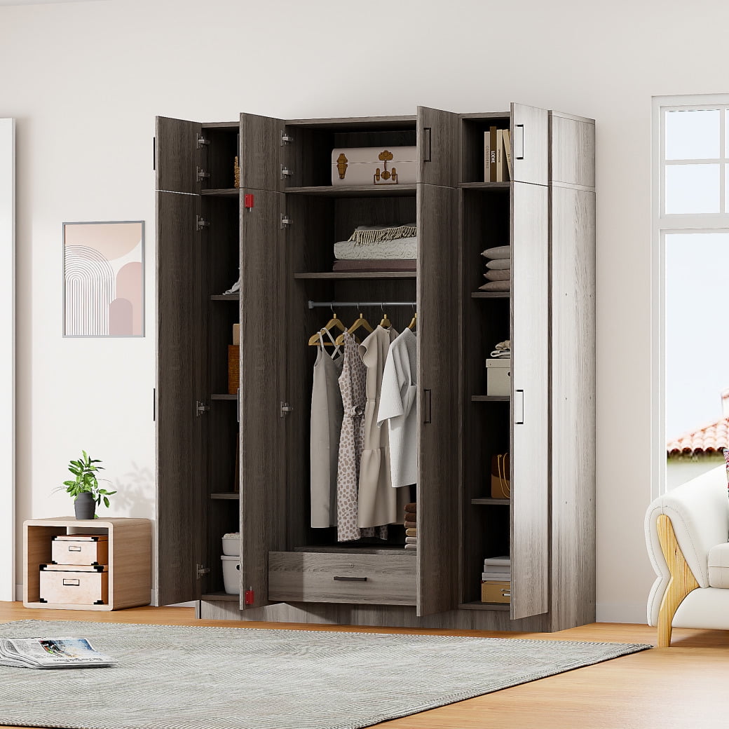 Modern 4 Door Wardrobe with Drawers Shelves Hanging Rail Freestanding Wardrobe Closet with Built in Top Cabinet Clothes Storage Cabinet Organizer