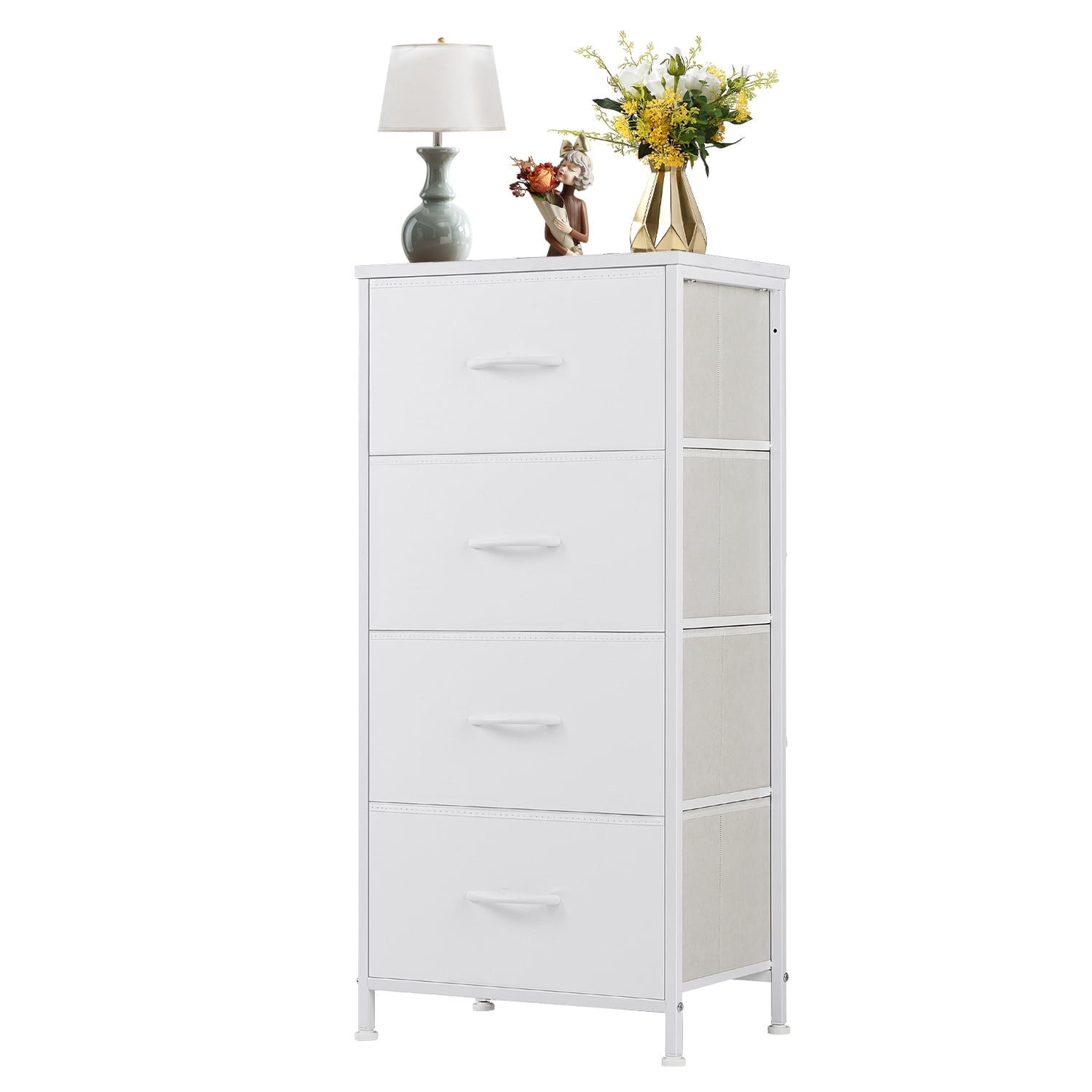 White Fabric 4-Drawer Tall Storage Dresser Chest