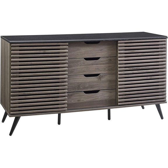 Modern 4 Drawer Sliding Door Wood Cabinet Buffet Entryway Serving Storage Cabinet Doors Dining Room Console, 59 Inch, Black and Slate Grey