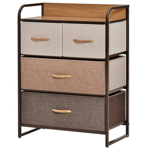 Modern 4-Drawer Storage Dresser, Fabric & Steel Tower with Wood Top, Space-Saving Organizer for Small Spaces, Bedroom, Entryway, Maple