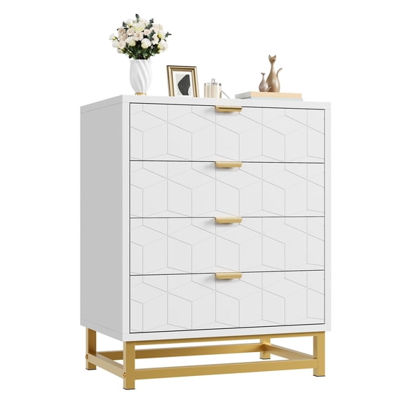 Modern 4-Drawer Storage Dresser with Gold Metal Handles & Metal Legs, Spacious Organizer Chest Cabinet for Bedroom, Living Room, Hallway & Entryway - White