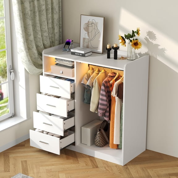 Modern 4-Drawer Wardrobe Closet Organizer with Hanging Rack, LED Lights, Charging Station, Open Shelves – Heavy Duty, Odor-Free Engineered Wood, Easy Assembly – Bedroom & Living Room Storage
