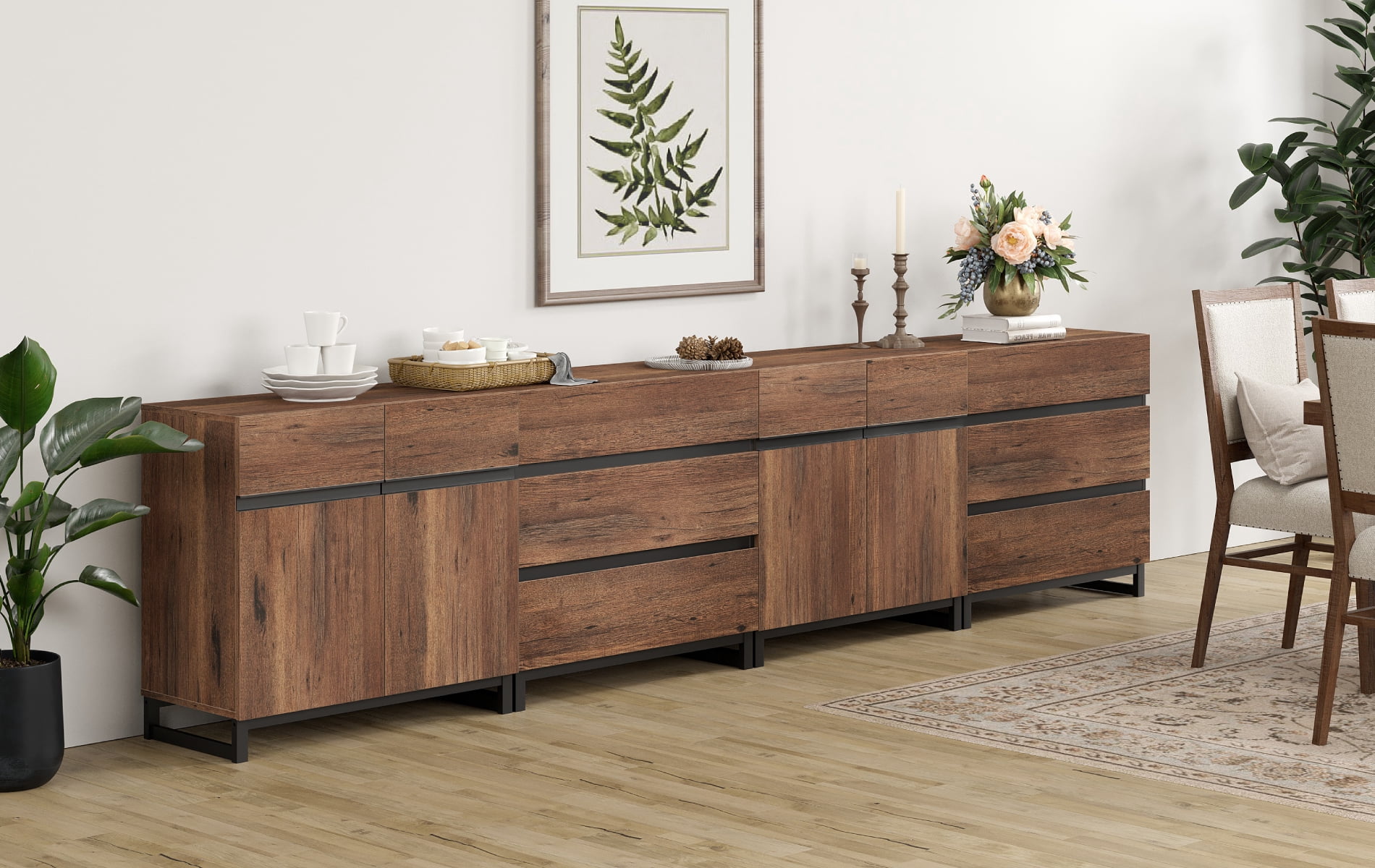 Modern 4-In-1 Multifunctional Sideboard Buffet with Adjustable Shelves and 6 Drawers for Living Room,Dining Room,Brown