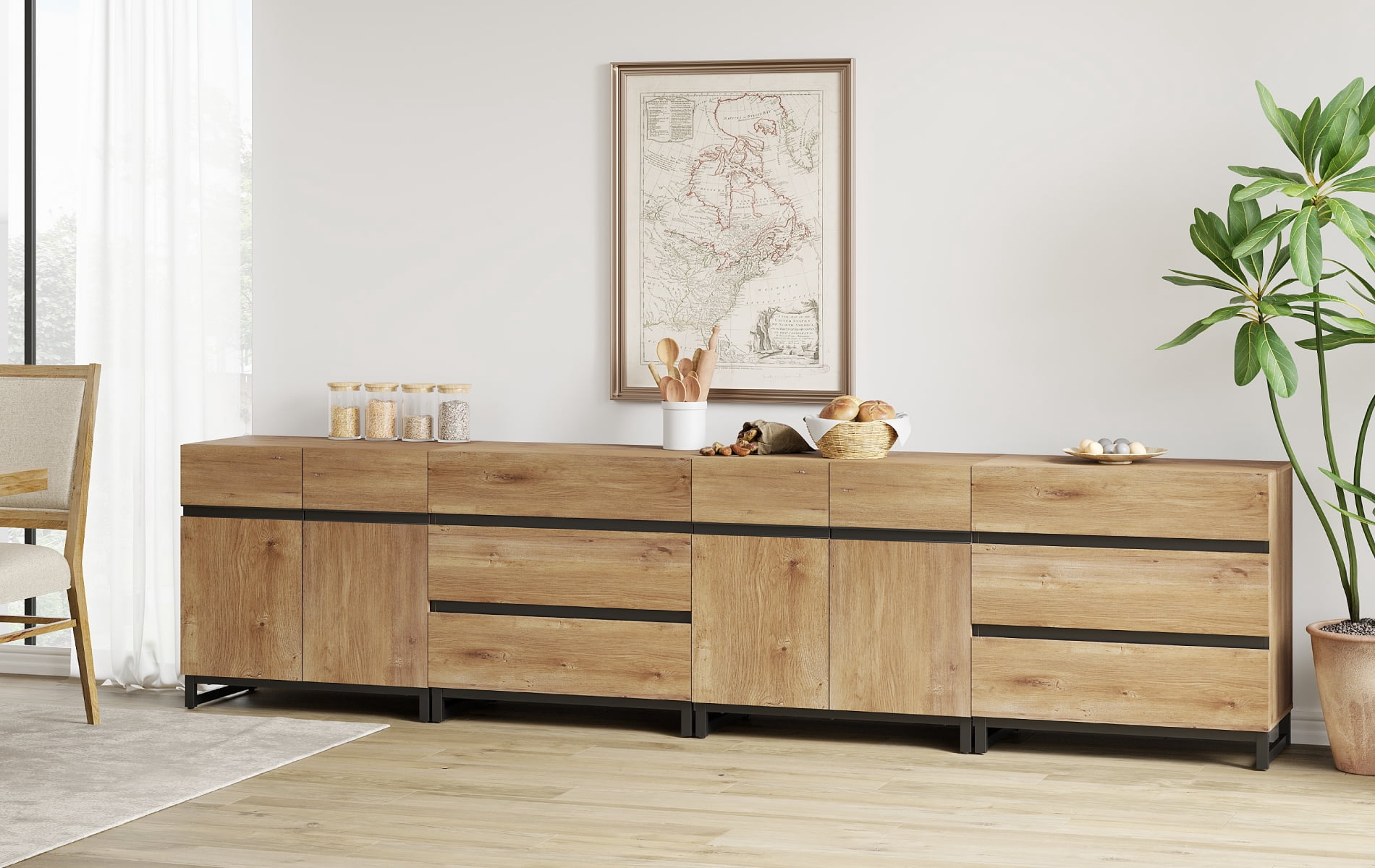 Modern 4-In-1 Multifunctional Sideboard Buffet with Adjustable Shelves and 6 Drawers for Living Room,Dining Room,Oak