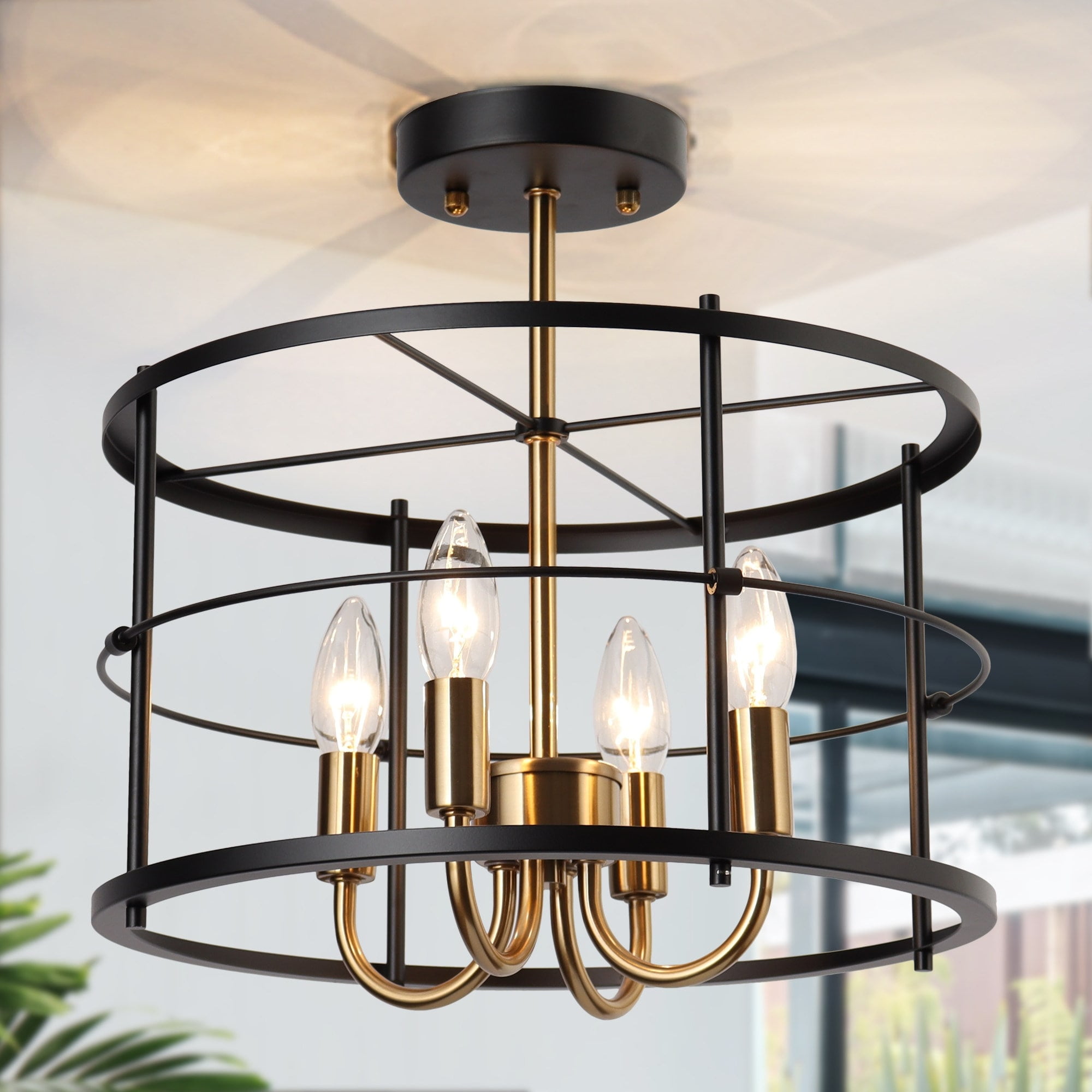Modern 4Light Black Gold Drum Semi Flush Mount Foyer Kitchen Ceiling