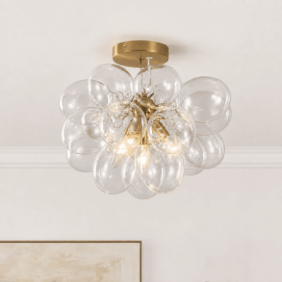 4‑Light Modern Brass Chandelier Fixture, Clear Oval Glass Shades, Decorative Ceiling Decor with Adjustable Cord for Living Dining Room