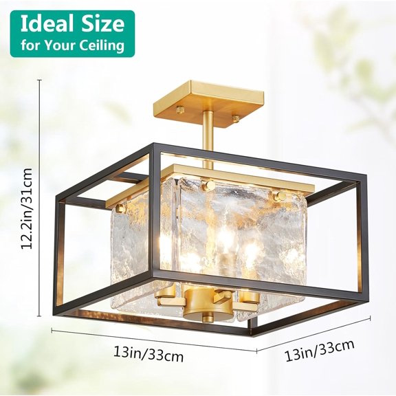 Modern 4-Light Chandelier Ceiling Light, Handmade Glass Gold Ceil Light Fixture for Dining Room, Living Room, Bedroom, Gold Canopy and Black Frame, E12 Socket, L13inch*W13inch*H12.2inch