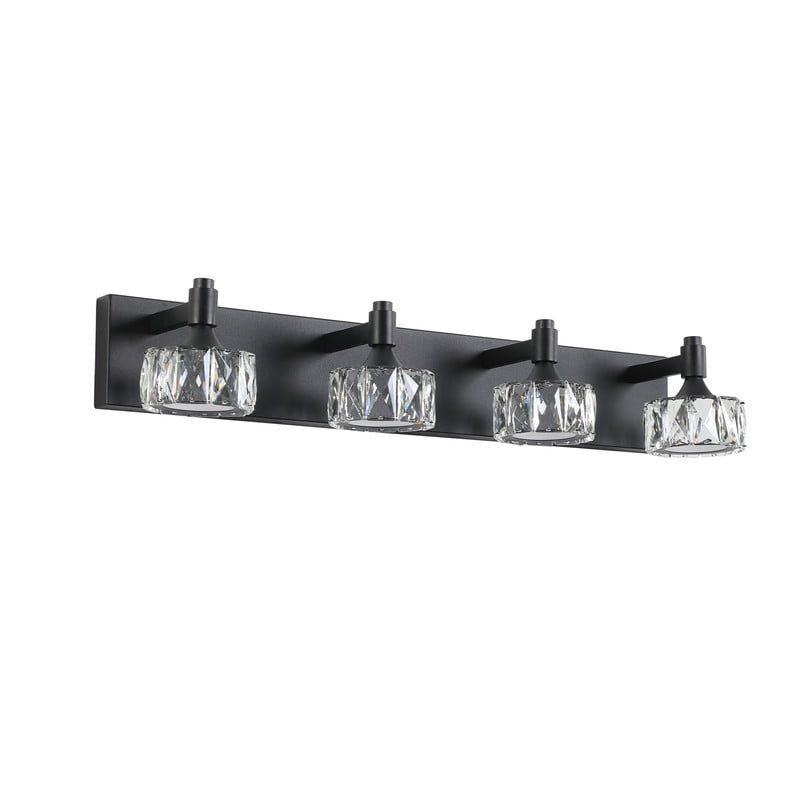 Modern 4-Light Matte Black LED Bathroom Vanity Light Fixture with Crystal Glass Shades, Elegant Lighting for Bathroom, Mirror, Powder Room, Dressing Room, Dimmable