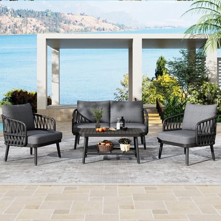 Modern 4 Outdoor Patio Furniture, Metal Chairs With Woven Rope Back, Thick Cushions & Coffee Table, For Garden Poolside, Grey Black , , Table Garden, Style